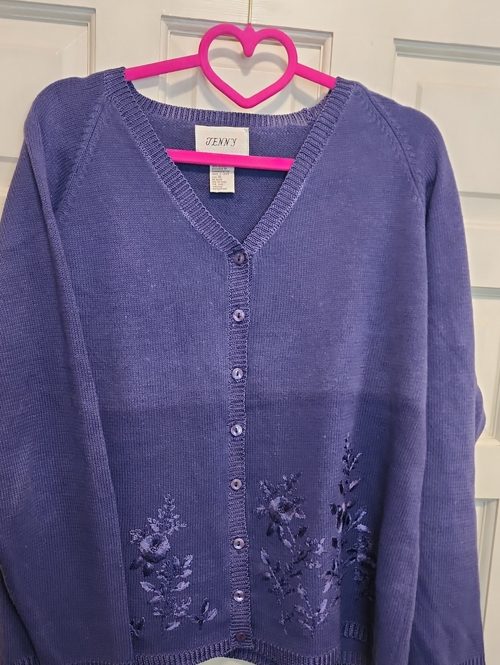 JENNY Lavender Purple Button-Front V-Neck Floral Embroidered Cardigan Sweater